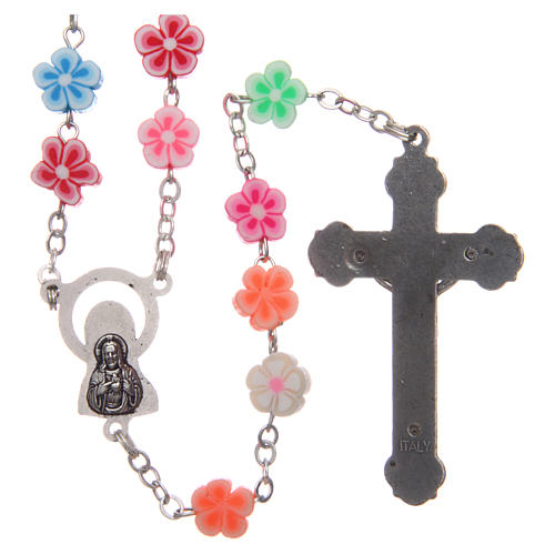 Rosary in plastic with 9mm flower-shaped multicoloured beads. 2