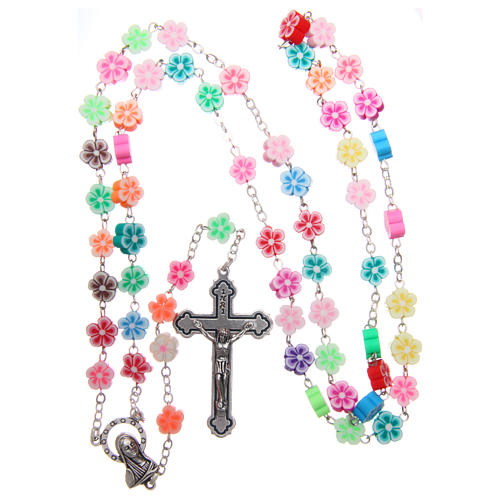 Rosary in plastic with 9mm flower-shaped multicoloured beads. 4