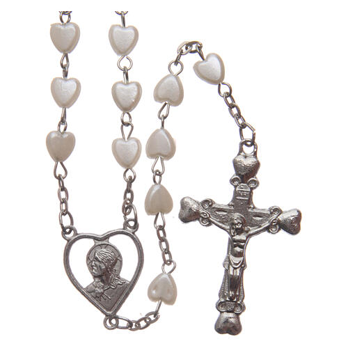 Rosary heart shaped plastic white beads 6 mm and metal 1