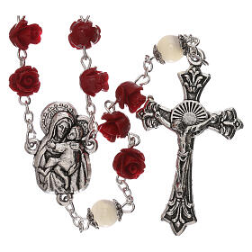 Rosary with rose-looking beads, red resin, 5 mm, Virgin with Child