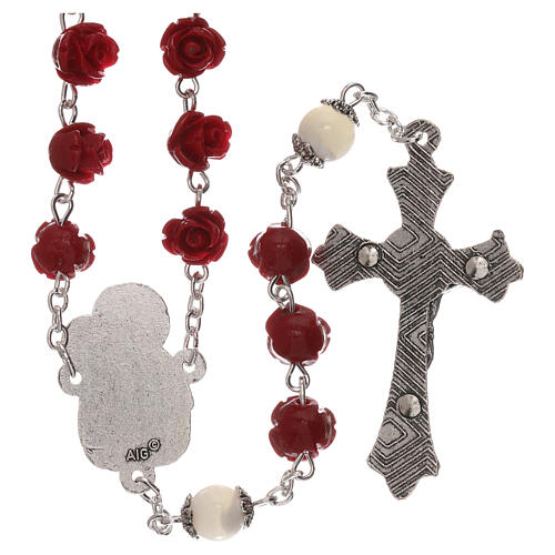 Rosary with rose-looking beads, red resin, 5 mm, Virgin with Child 2