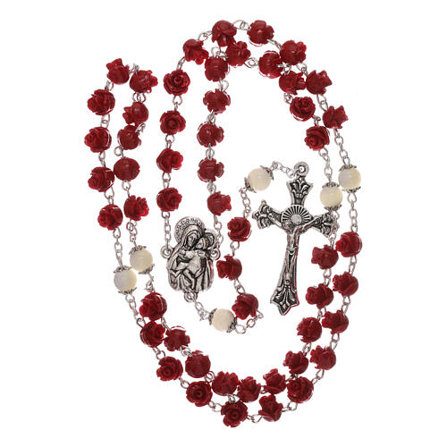 Rosary with rose-looking beads, red resin, 5 mm, Virgin with Child 4