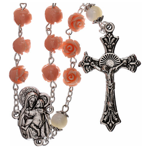 Rosary with rose-looking beads, pink resin, 5 mm, Virgin with Child 1
