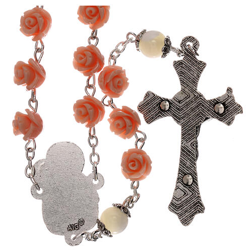 Rosary with rose-looking beads, pink resin, 5 mm, Virgin with Child 2