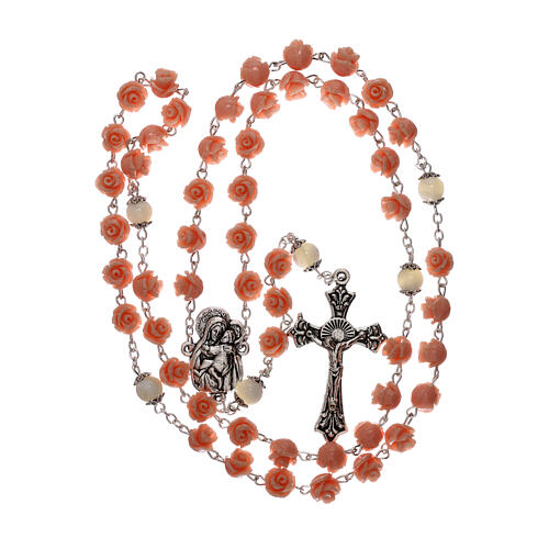 Rosary with rose-looking beads, pink resin, 5 mm, Virgin with Child 4