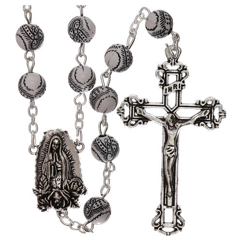 White pearl rosary with black drawing of the Virgin 5 mm 1