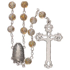 White pearl rosary with gold drawing of the Virgin 5 mm
