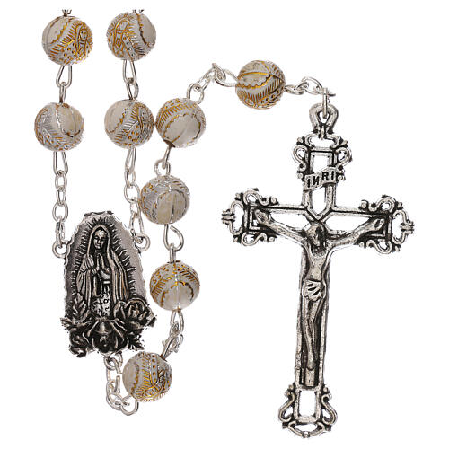 White pearl rosary with gold drawing of the Virgin 5 mm 1