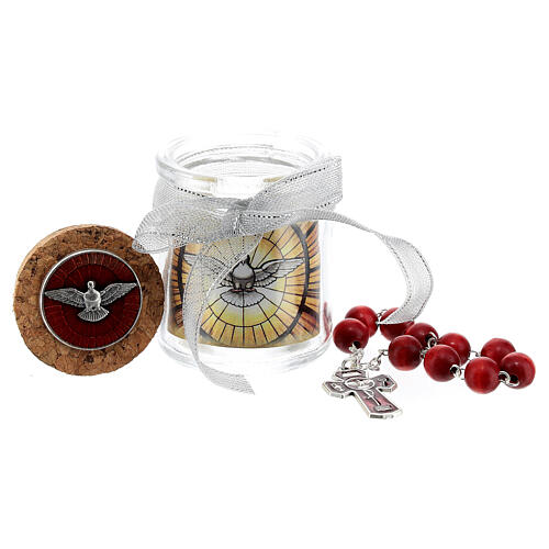 Zehner Rosenkranz, rote Perlen, Glasdose, Kork, Firmung 2