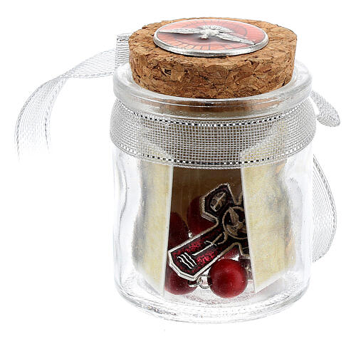 Red decade rosary in jar cork top Communion 4