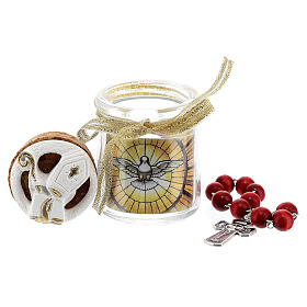 Zehner Rosenkranz, rote Perlen, Glasdose, Bonbonniere, Firmung