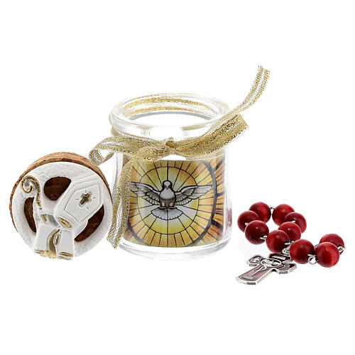 Zehner Rosenkranz, rote Perlen, Glasdose, Bonbonniere, Firmung 2