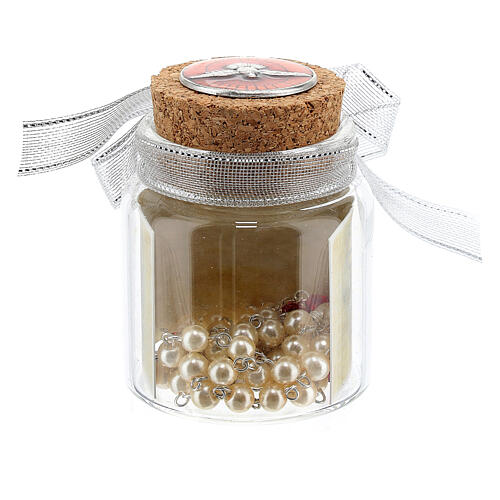 White and red rosary in a glass jar, Confirmation 1
