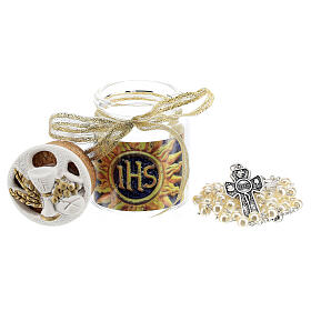Ivory rosary in a glass jar, IHS, Holy Communion