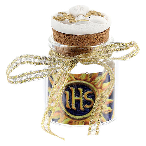 Ivory rosary in a glass jar, IHS, Holy Communion 1