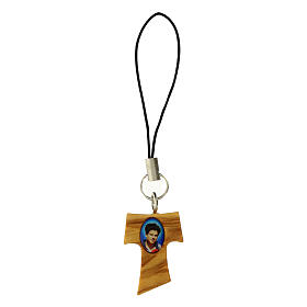 Tau-shaped pendant of Carlo Acutis for mobile phone, olivewood