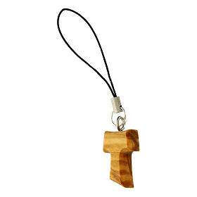 Tau-shaped pendant of Carlo Acutis for mobile phone, olivewood