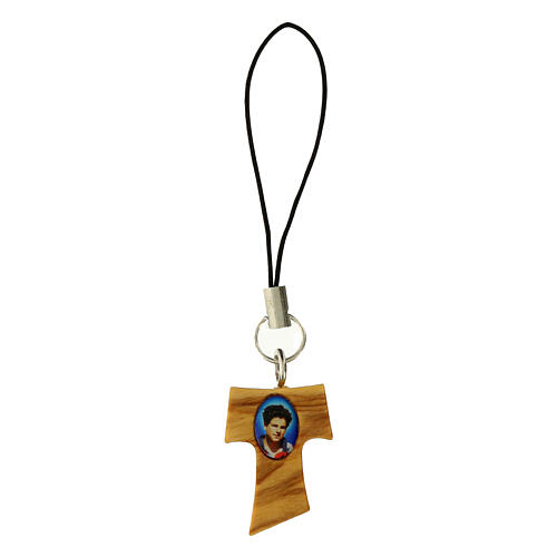 Tau-shaped pendant of Carlo Acutis for mobile phone, olivewood 1