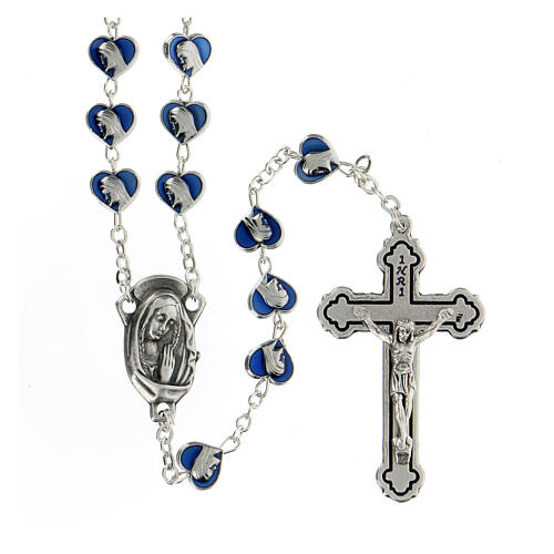 Metal rosary with heart beads 7 mm Miraculous Mary blue enamel 1