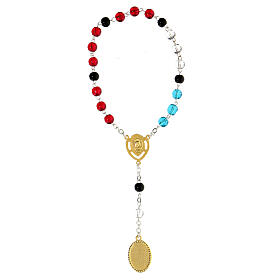 St Charbel rosary in metal, transparent blue red beads, glass 5 mm