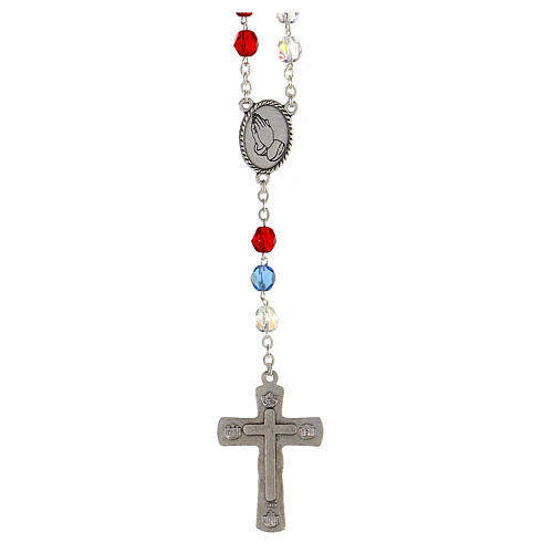 Chapelet Très Sainte Trinité crucifix grains bleus blancs transparents 7 mm 2