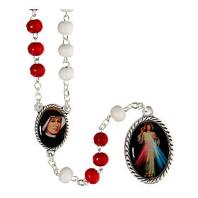 Rosenkranz der göttlichen Barmherzigkeit, aus Metall, mit weißen und roten Holzperlen 7 mm