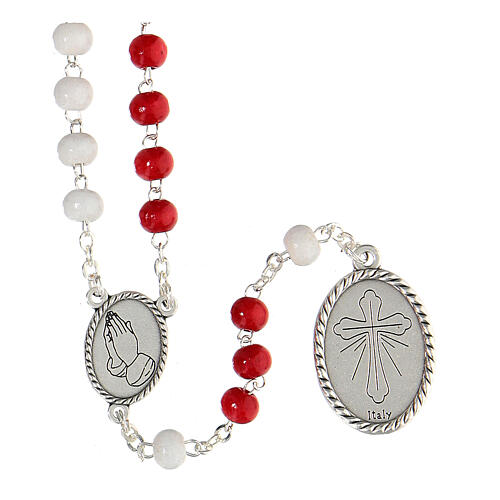Divine Mercy metal rosary with white and red wood beads 7 mm 2