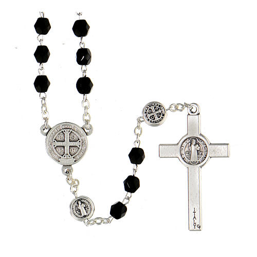 Rosenkranz zum Heiligen Benedikt, aus Metall, mit schwarzen Perlen 5 mm, Umfang 55 cm 2