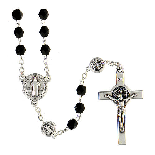 St Benedict rosary in metal, black grains 5 mm, circumference 55 cm 1