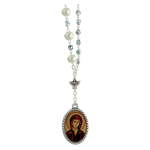 Rosary of Our Lady of Silence, metal and plastic, white and blue beads, 5-7 mm 1