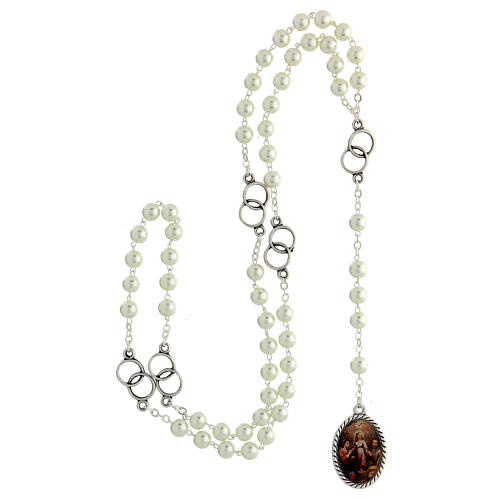 Rosary of the Holy Family, white beads of 7 mm and interlaced rings 4