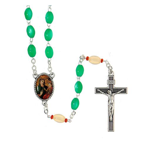 Our Lady of Good Health rosary in metal, 8 mm white and green beads 1