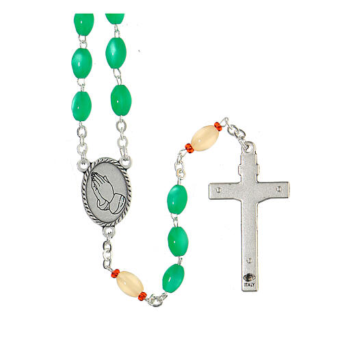 Our Lady of Good Health rosary in metal, 8 mm white and green beads 2