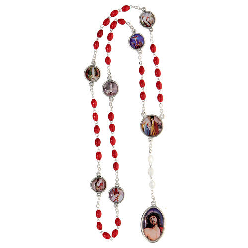 Precious Blood Rosary metal, white and red plastic wood beads 5 mm 4