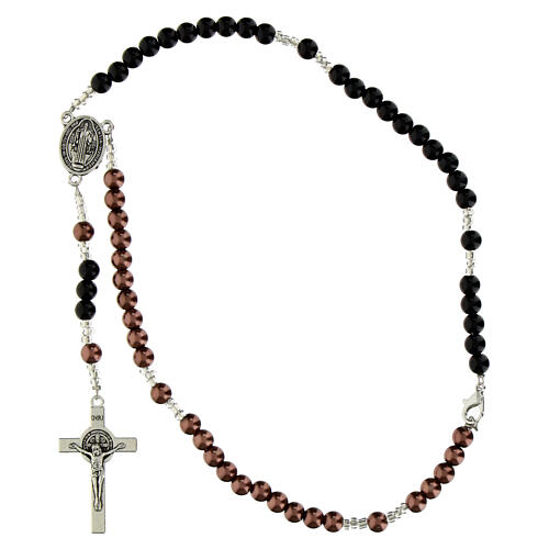 Rosario San Benito granos símil perla negra y bronce 6mm 4