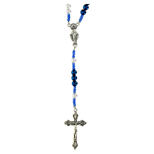 Miraculous Mary Rosary with Blue and White Imitation Pearl, 6mm 1