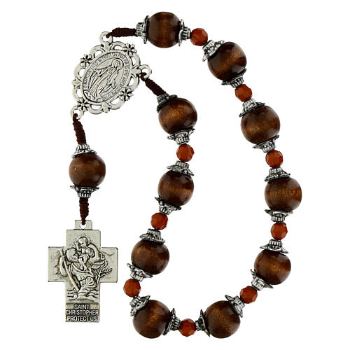 Single decade rosary of Our Lady of Graces, brown wood beads of 0.47 in with double cap 3