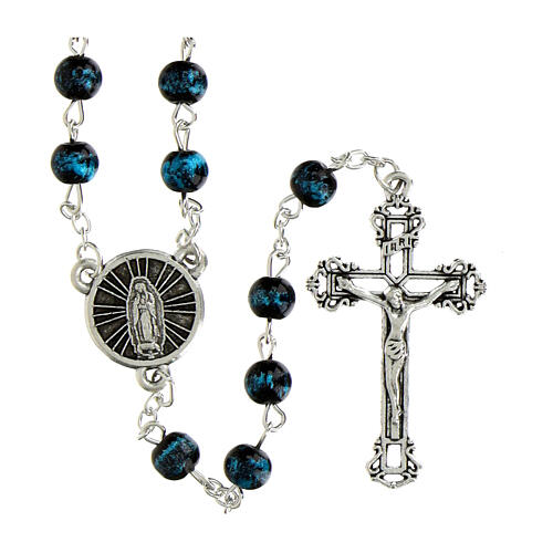 Rosario Madonna Guadalupe grani vetro screziato blu 6mm 1