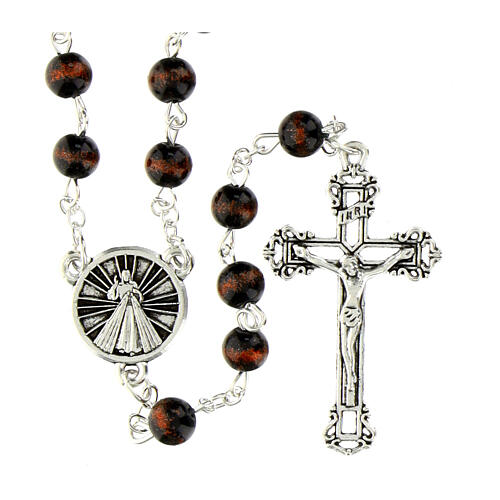 Rosario Gesù Misericordioso grani in vetro nero screziato rosso 6mm 1