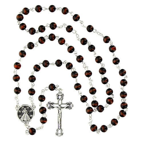 Rosario Gesù Misericordioso grani in vetro nero screziato rosso 6mm 4