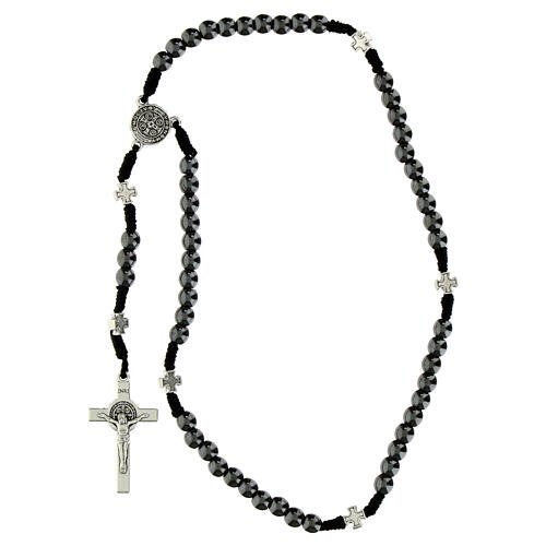 Saint Benedict rosary with 0.24-inch hematite beads and metal Our Father beads 4