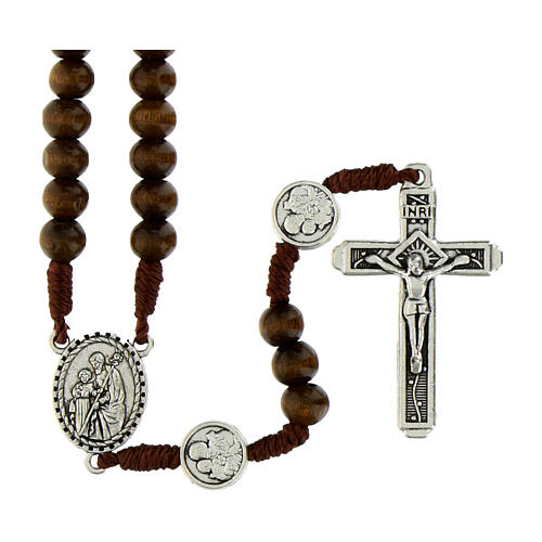 St. Joseph rosary, 0.24-inch brown wood beads and metal Our Father beads 1