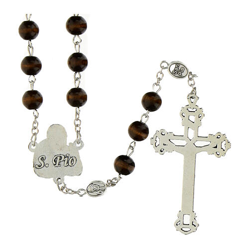 Padre Pio rosary with brown wood beads and metal pater, 0.31 in 2