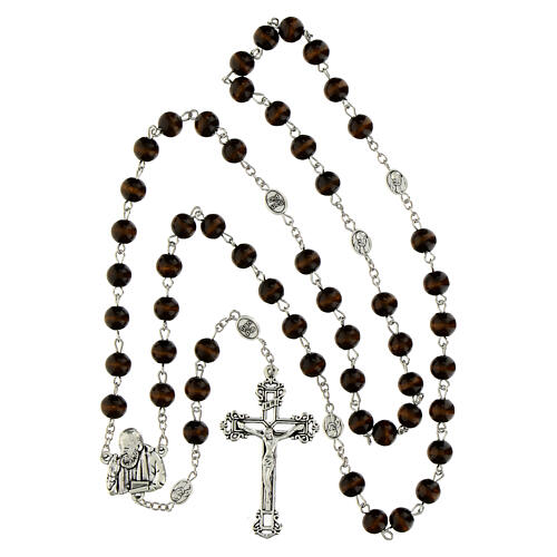 Rosario Padre Pio grani in legno marrone pater metallo 8mm 4