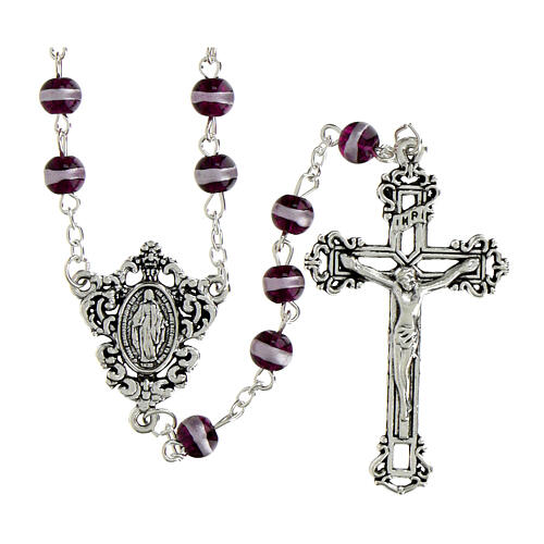 Rosario Madonna Miracolosa vetro ametista scuro 6mm 1