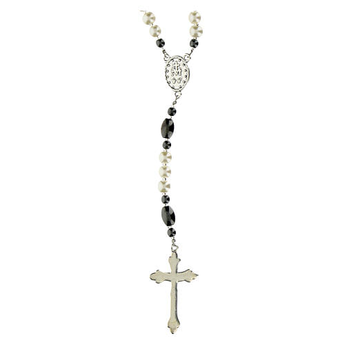 Rosary of Our Lady of Graces, white imitation pearl glass beads and 0.24-inch hematite Our Father beads 2
