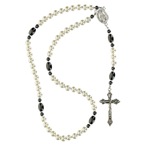 Rosario Virgen Milagrosa granos vidrio símilperla blanco pater hematites 6mm 4