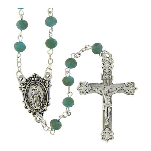 Rosario Madonna Miracolosa grani in cristallo opaco azzurro 6x4mm 1