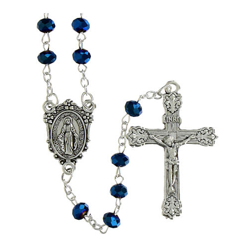 Chapelet Notre-Dame des Grâces grains en cristal bleu mat 6x4 mm 1