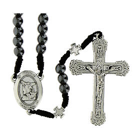 St. Michael cord rosary with 0.24-inch hematite beads and metal cross-shaped Our Father beads
